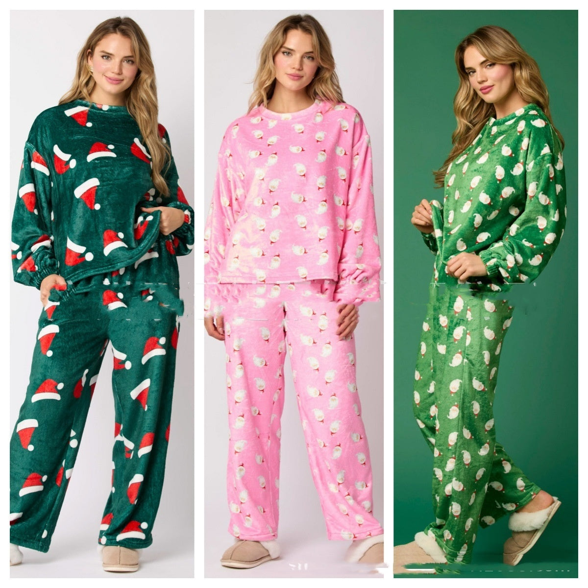 Women's Velvety Santa Hat Patterned Two Piece Pajama Set