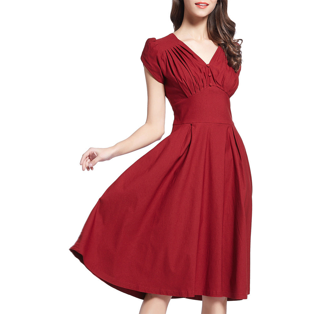 Pleated Button Bodice Cap-Sleeve Dress