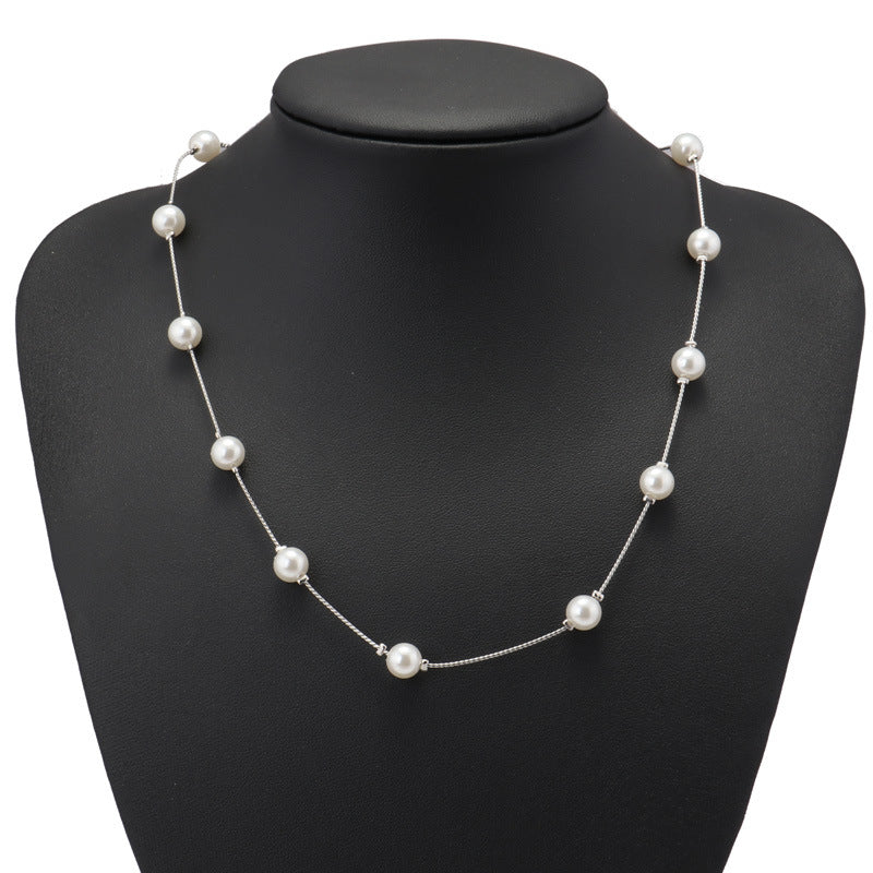 Spaced Pearl Silver Chain Necklace