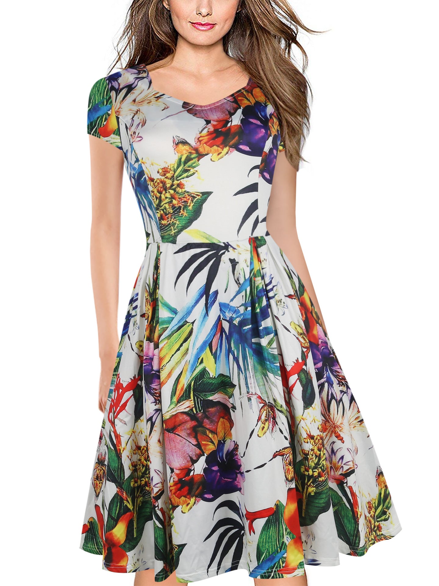 Floral V-Neck Cap-Sleeve A-Line Dress