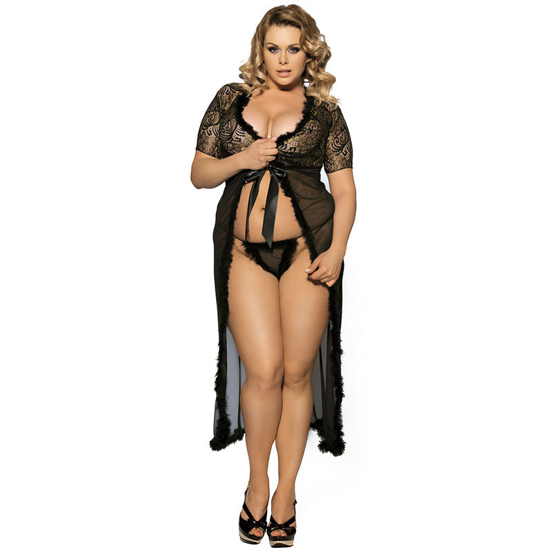 Plus Size Feathery Duster Waist Tie Robe