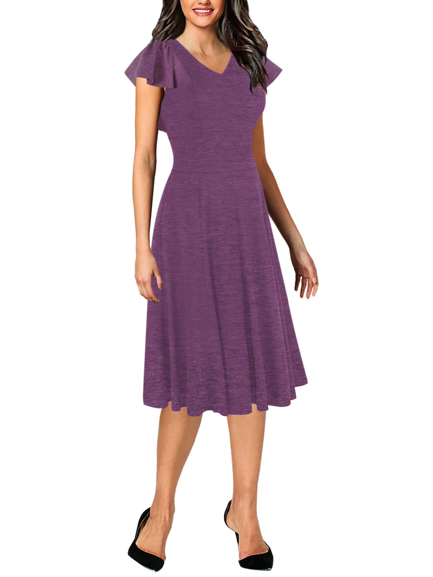 Solid Flutter-Sleeve V-Neck A-Line Dress