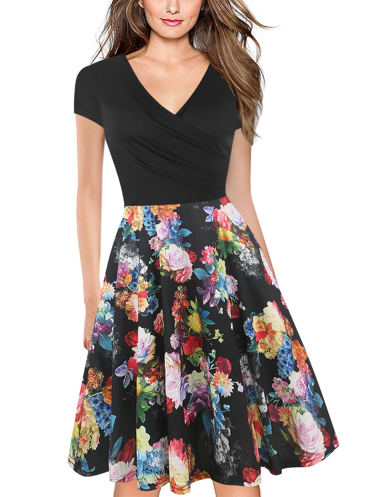 Contrast Patterned Skirt Surplice Dress - Theone Apparel