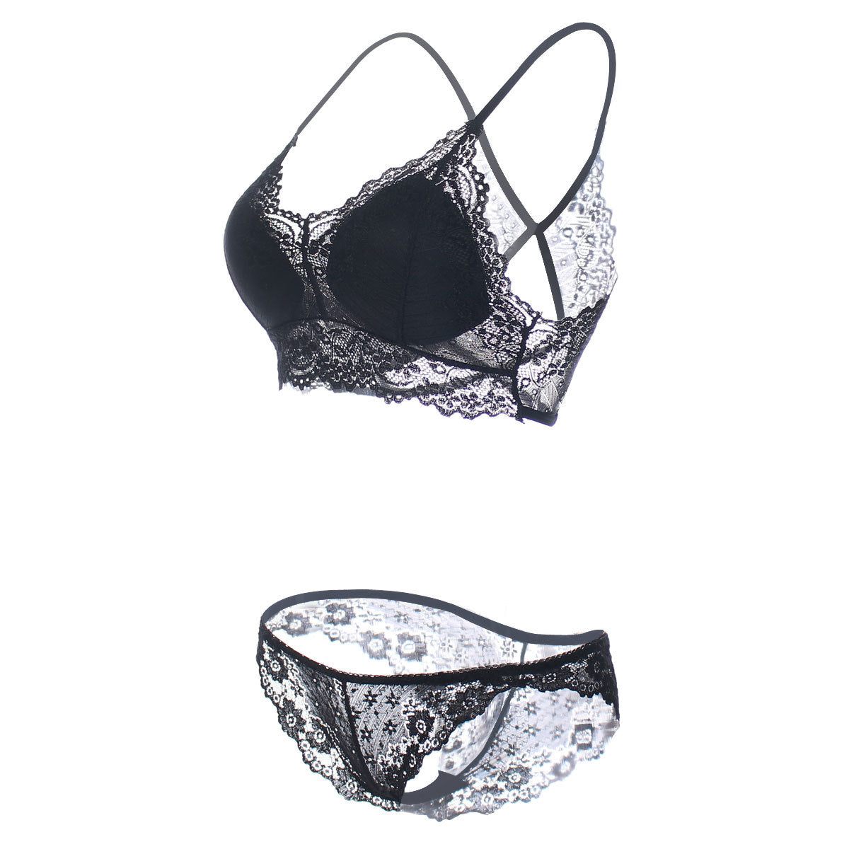 Crisscrossed Floral Lace Bra and Panty Set - Theone Apparel