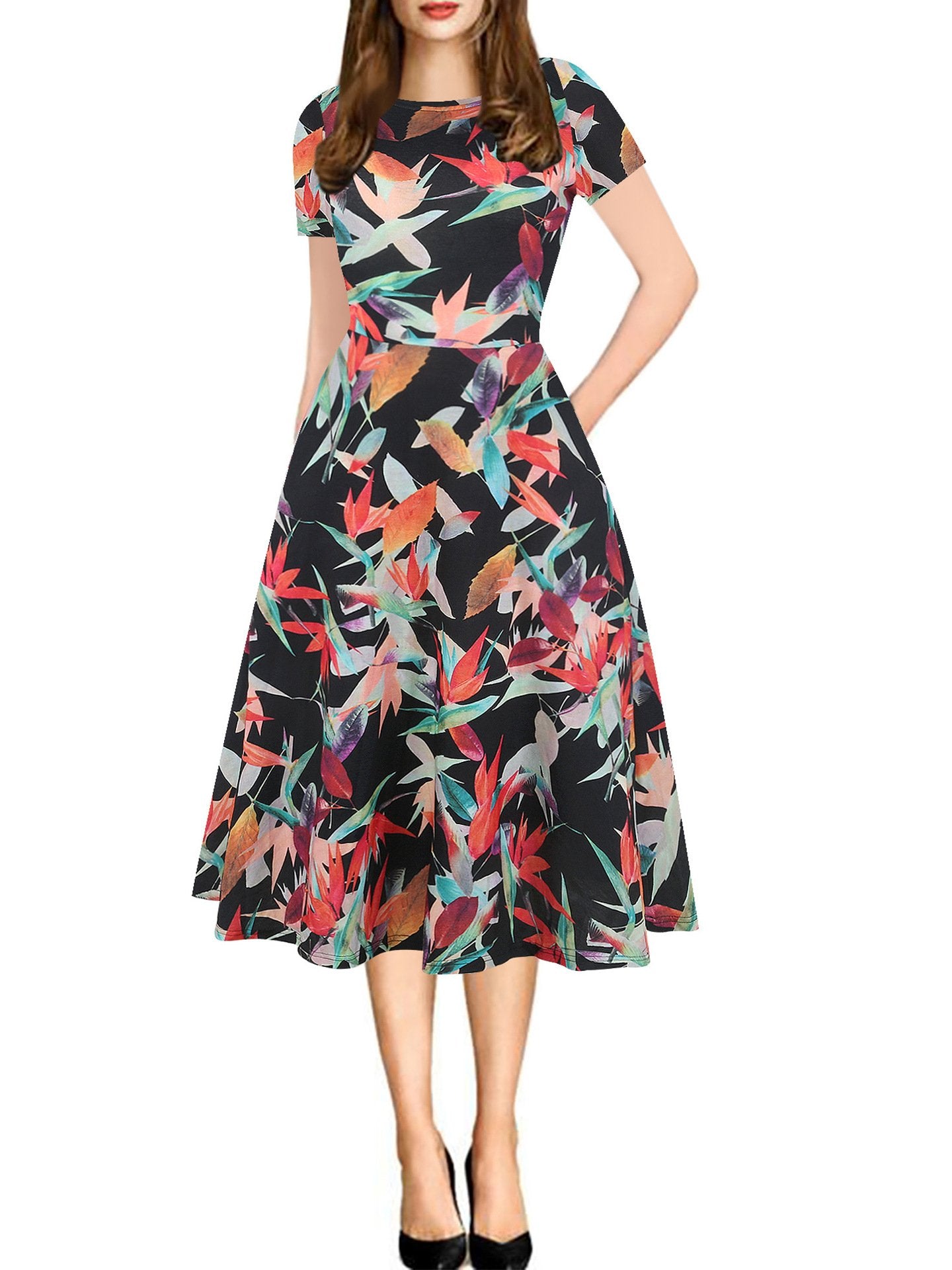 Print Short-Sleeve A-Line Midi Dress