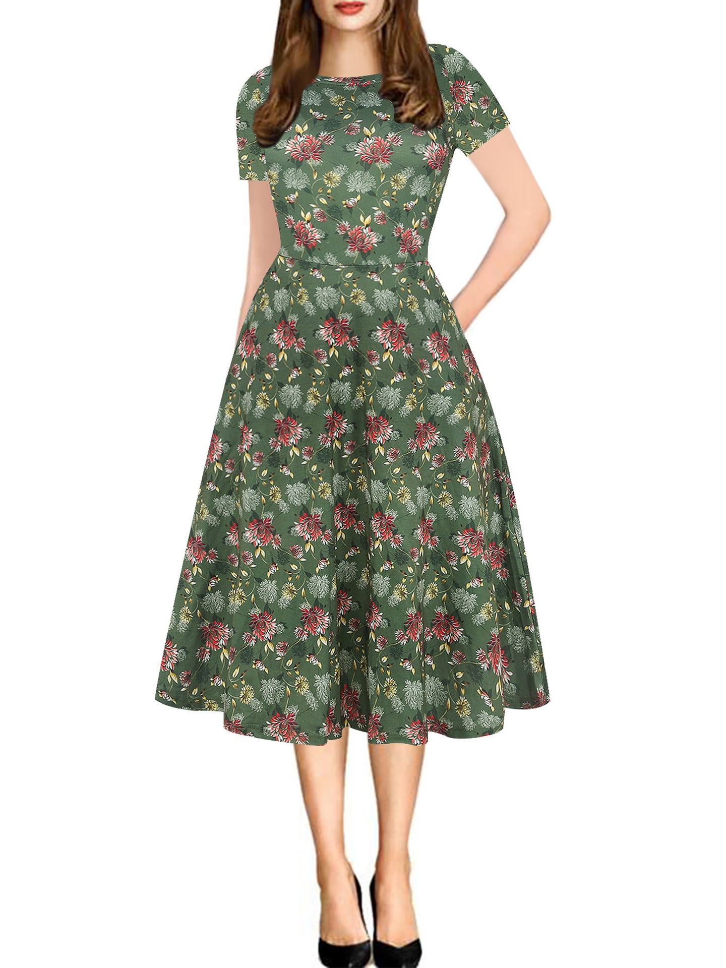 Print Short-Sleeve A-Line Midi Dress