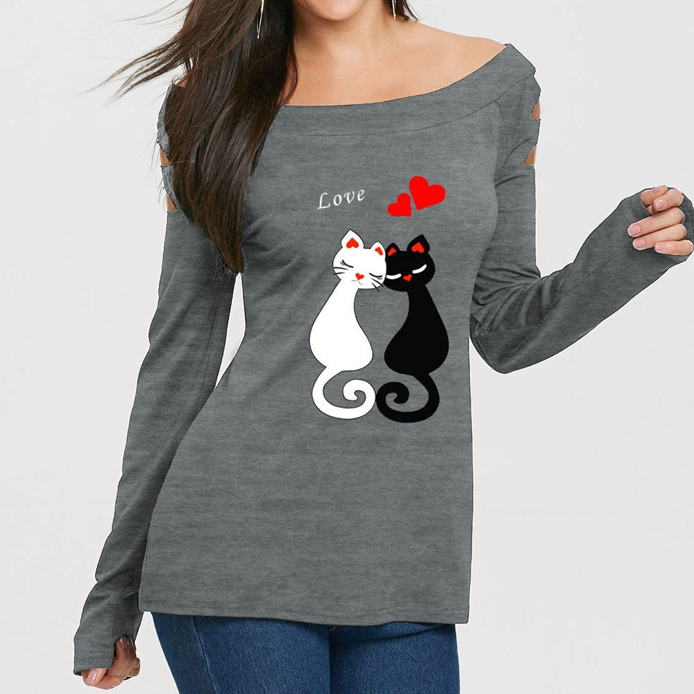 Cutout Sleeve Scoop Neck Cat Tee