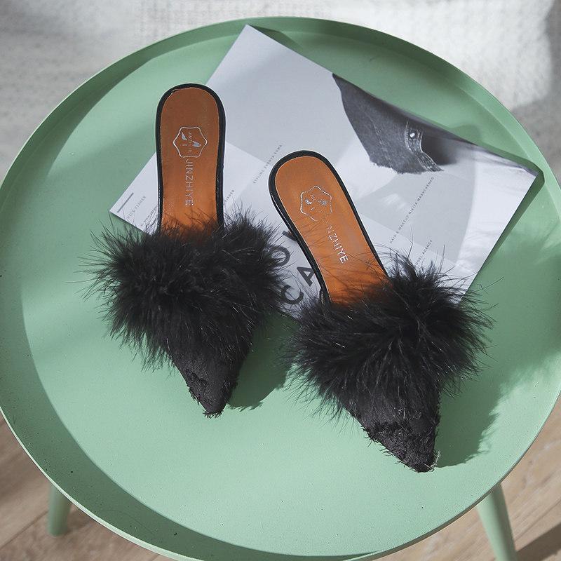 Fur Trim Pointed Toe Kitten Heels