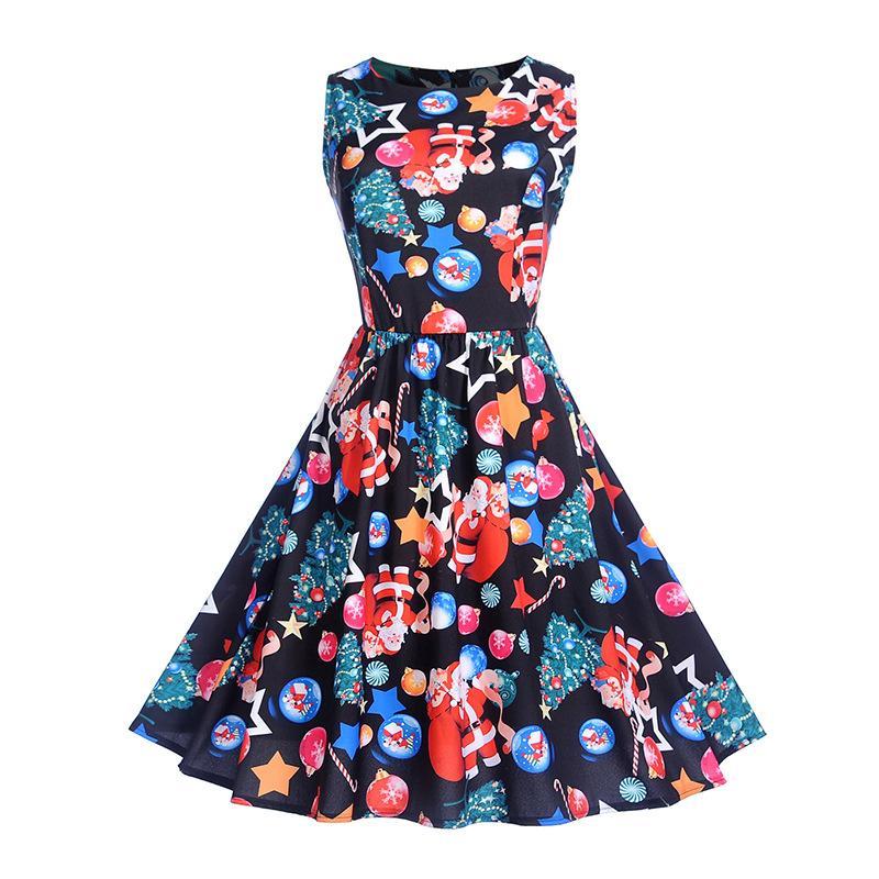 Holiday Print Pleated A Line Dress