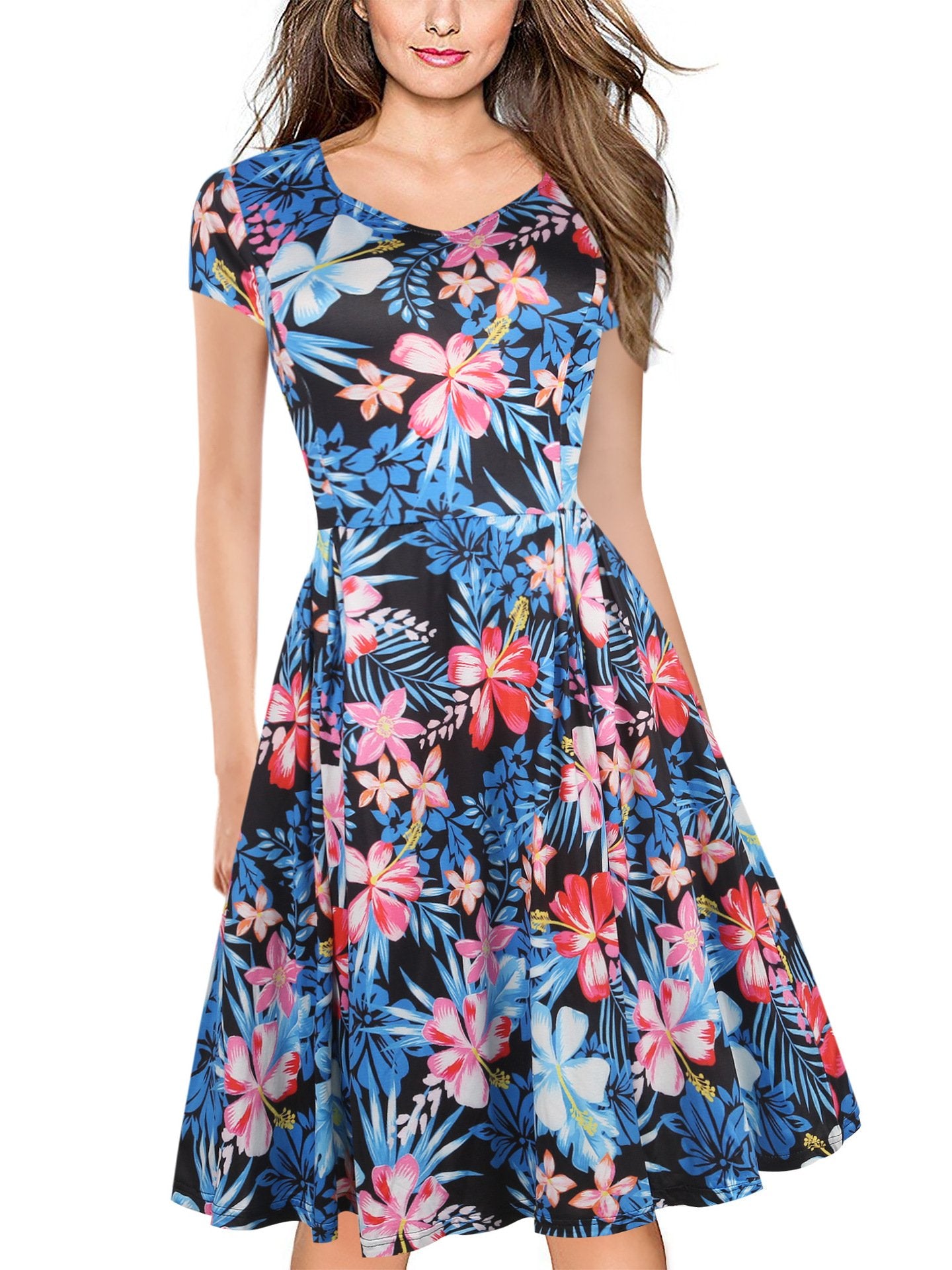 Floral V-Neck Cap-Sleeve A-Line Dress