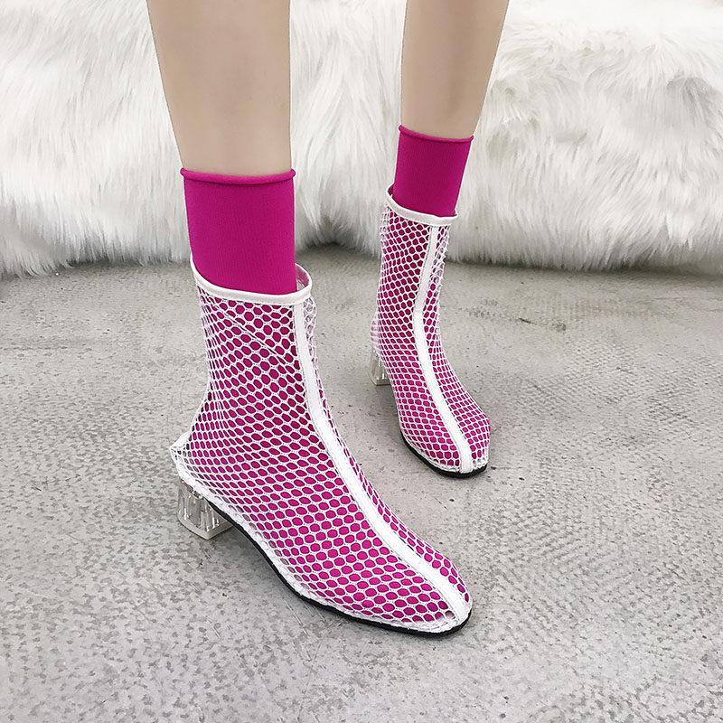 Clear Heel Fishnet Statement Booties - Theone Apparel