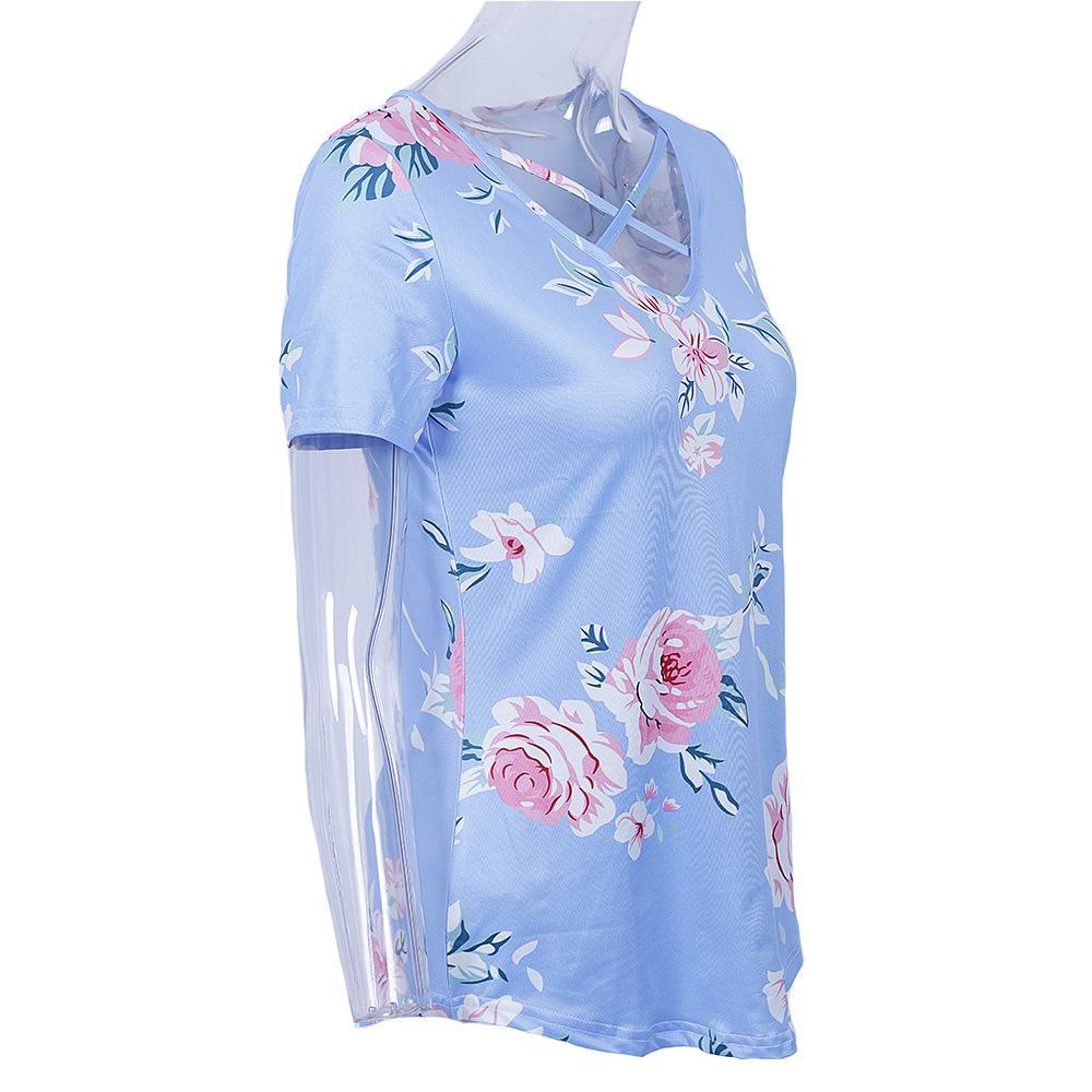 Cross Neck Floral Print Shirt - Theone Apparel