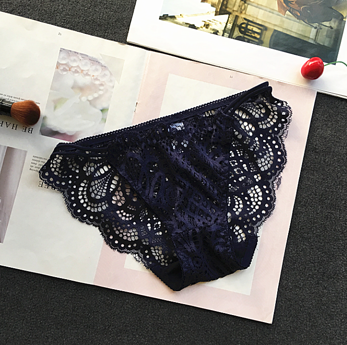 Decorative Lace Full Coverage Semi See Through Underwear-Dark Blue-Theone Apparel