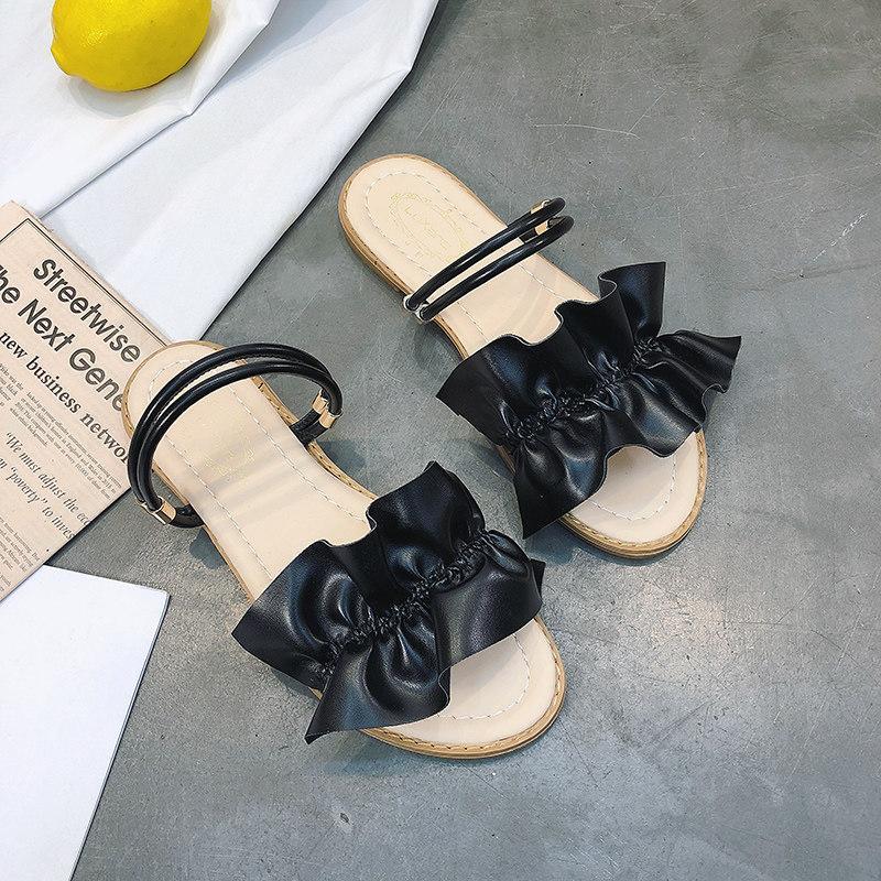 Faux Leather Ruffle Strap Sliders-Black 2-Theone Apparel
