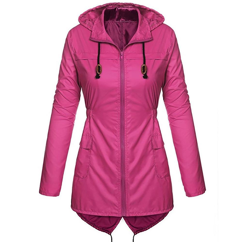 Full Zip Trench Coat Rain Jacket-Rose Red-Theone Apparel