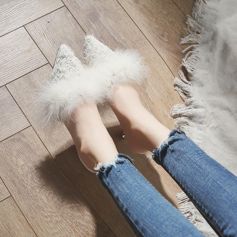 Fur Trim Pointed Toe Kitten Heels - Theone Apparel