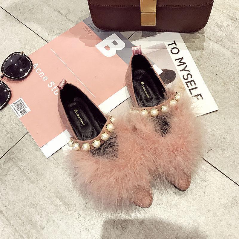 Furry Pearl Trim Fashion Flats-Pink-Theone Apparel