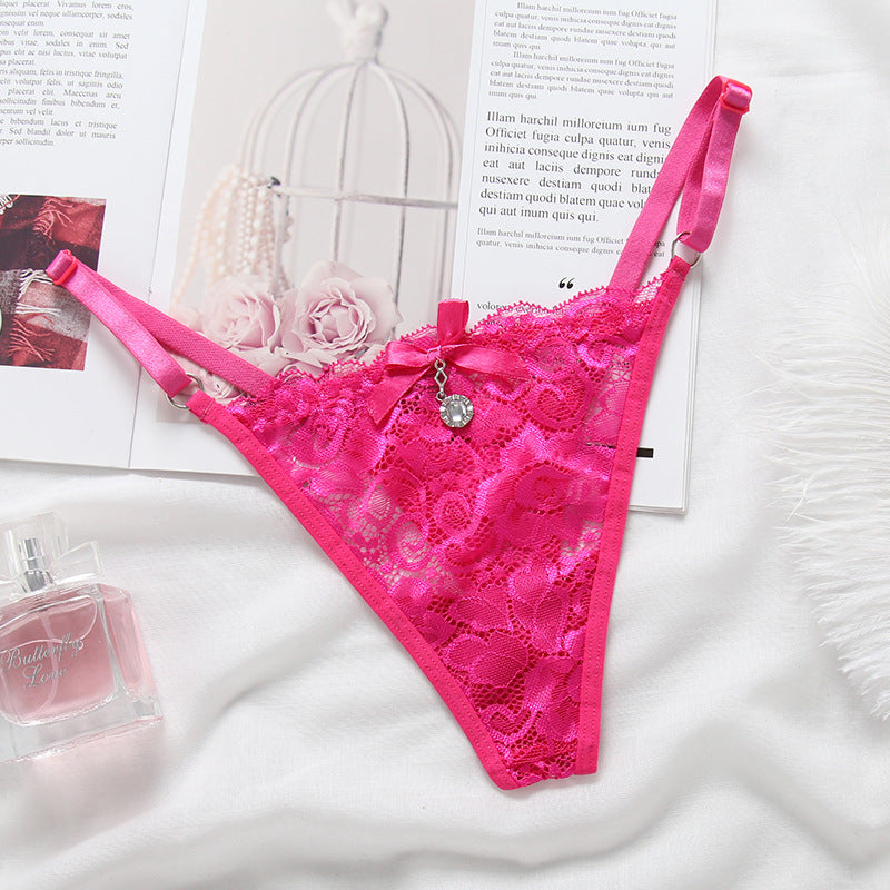 High Waist Lace Thong with Jeweled Center-Rose Red-Theone Apparel