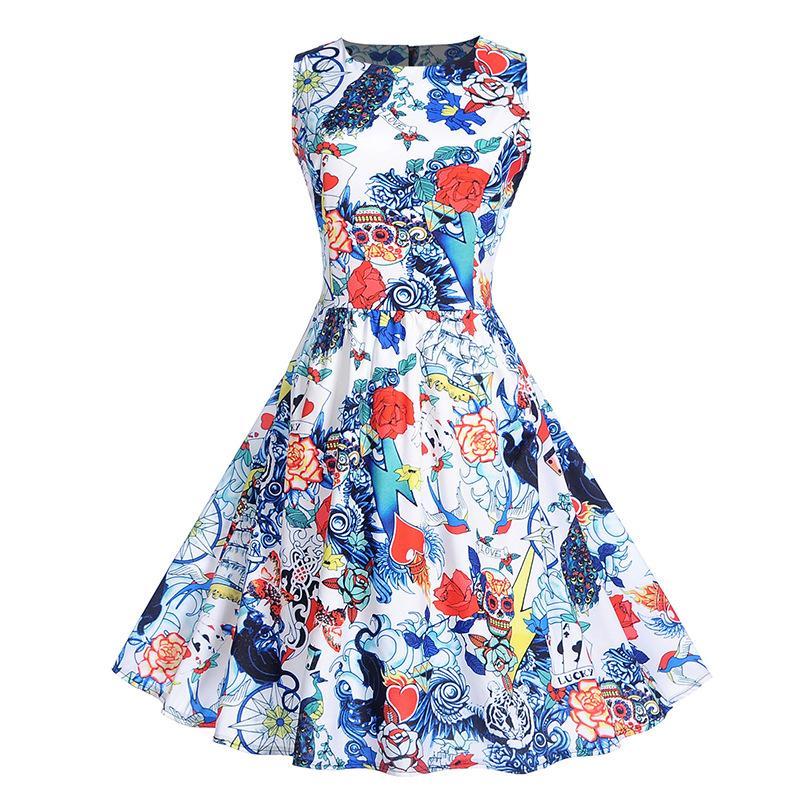 Holiday Print Pleated A Line Dress-White/Blue-Theone Apparel