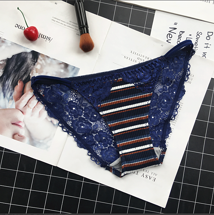 Horizontal Striped Colorful Lace Panties-Dark Blue-Theone Apparel