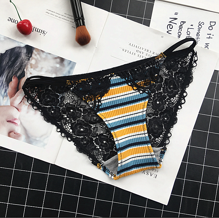 Horizontal Striped Colorful Lace Panties-Black-Theone Apparel