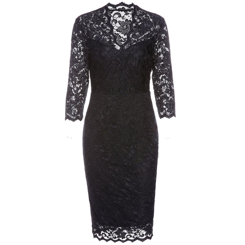 Lace Cover Tea Length Formal Dress-Black-Theone Apparel