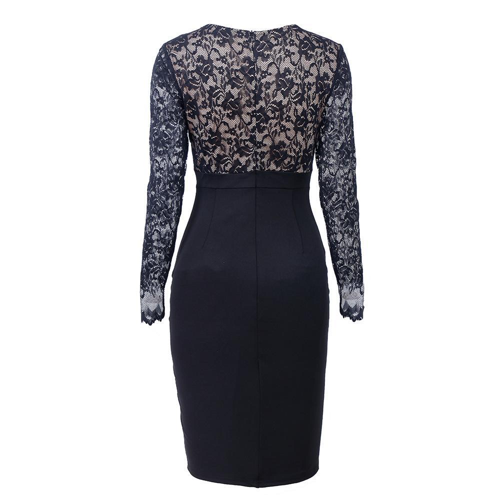 Lace Sleeve Pleated Pencil Dress