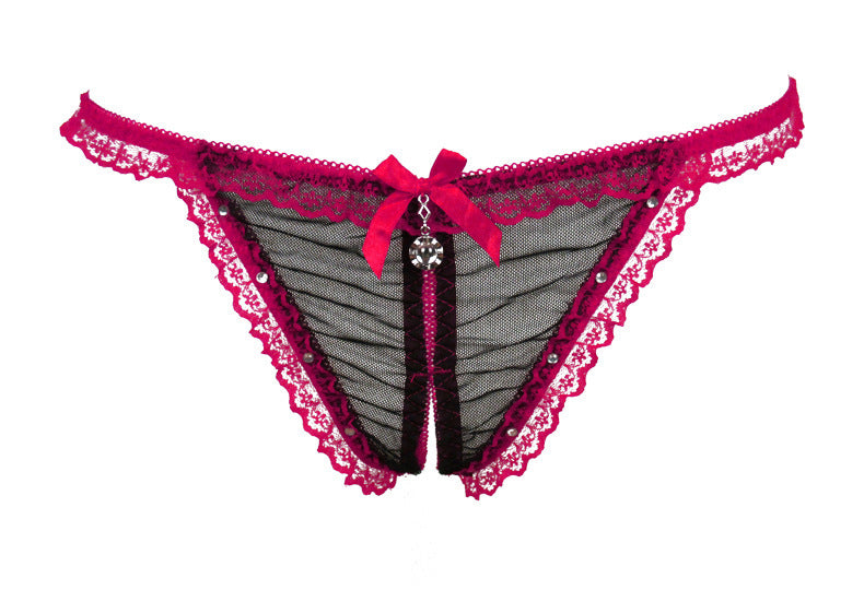 Lace and Mesh Cutout Front Jeweled Thongs-Rose Red-Theone Apparel