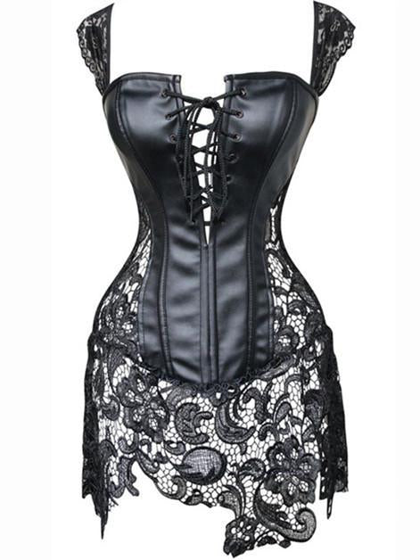 Leathery Lace Skirted Lingerie Corset-Black-Theone Apparel