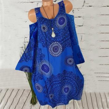 Medallion Print Cold Shoulder Dress-Dark Blue-Theone Apparel