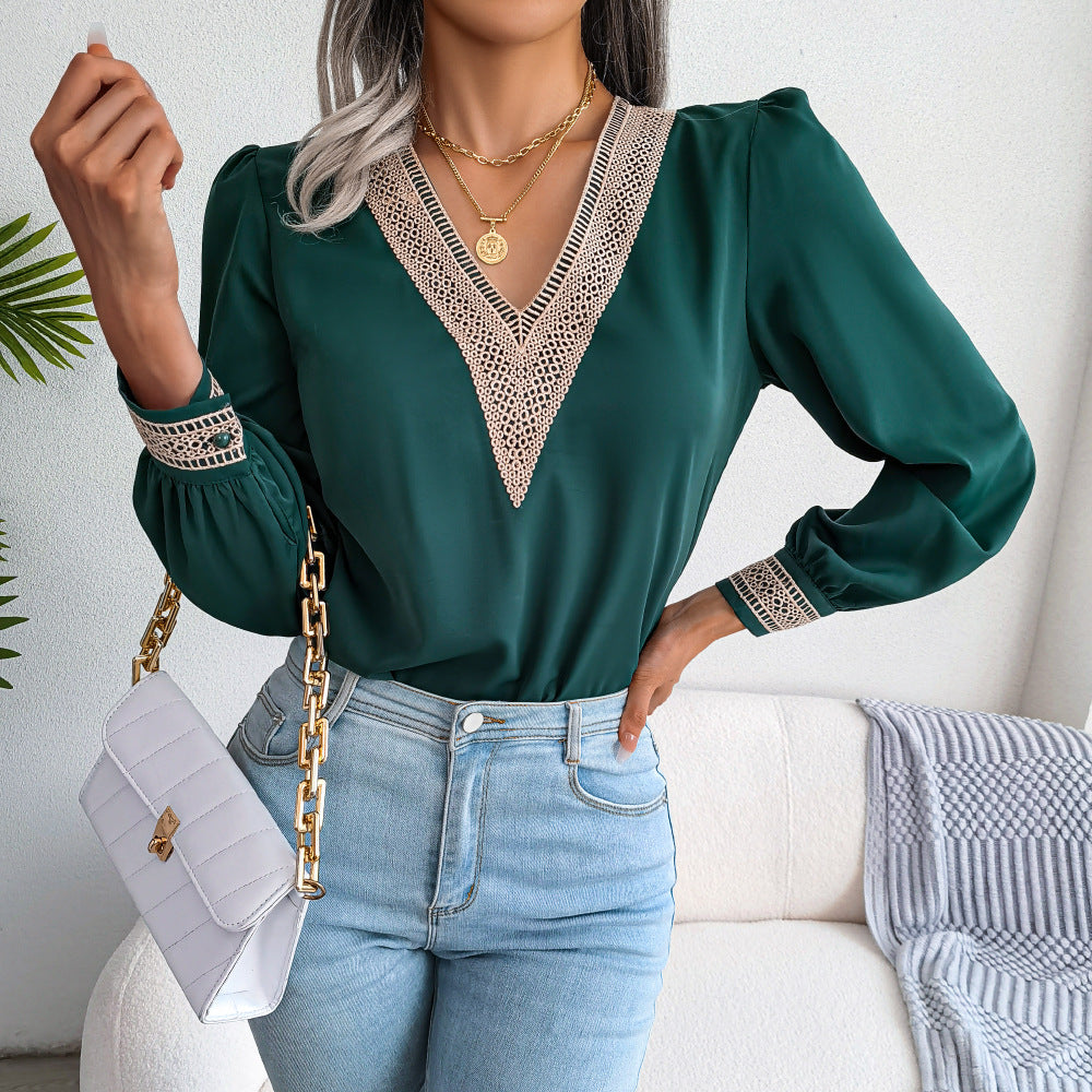 Women's V-Neck Knitted Long Sleeved Blouse