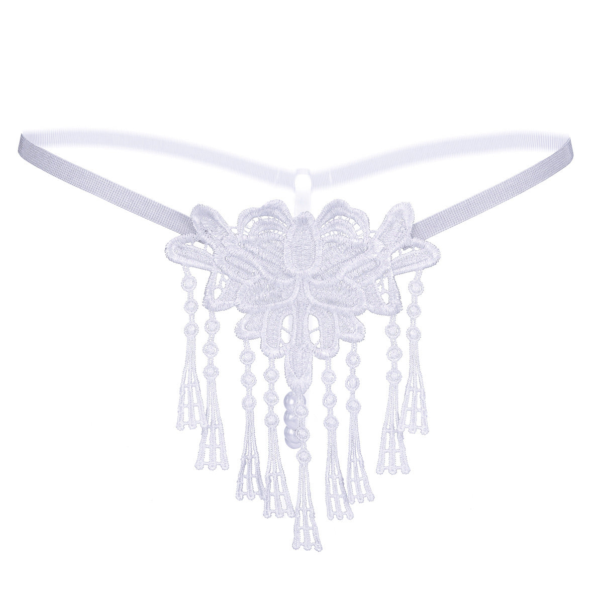 Pearls and Tassels Peekaboo Thong Panty-White-Theone Apparel