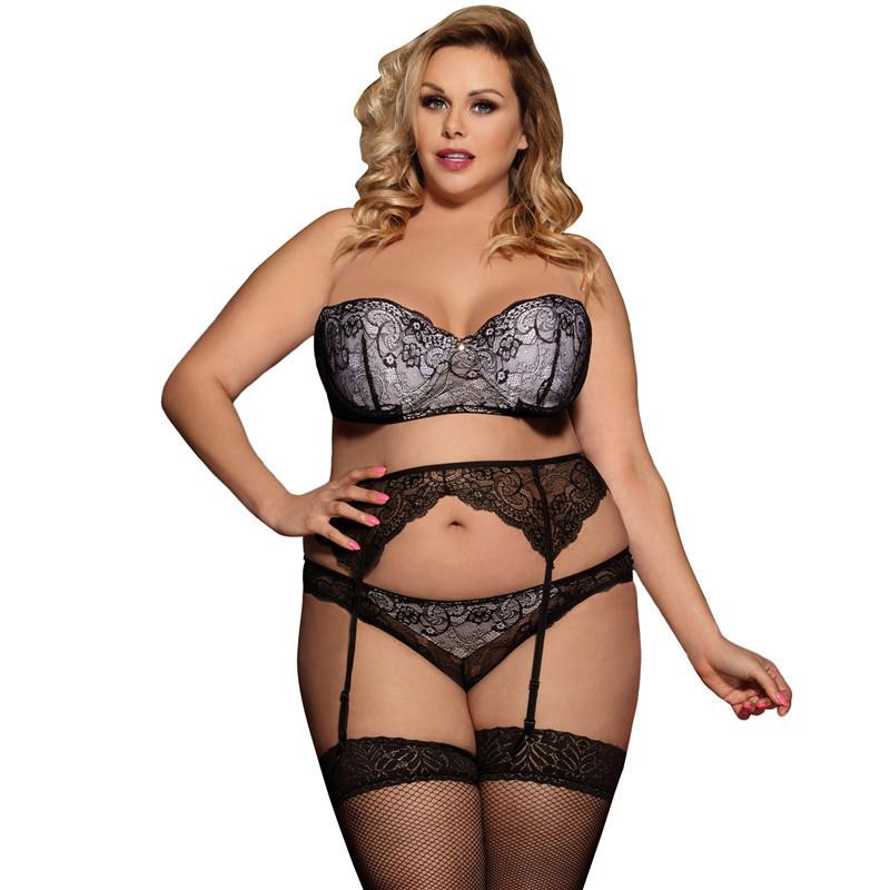 Plus Size Strapless Bra & Garter Set-Black/White-Theone Apparel