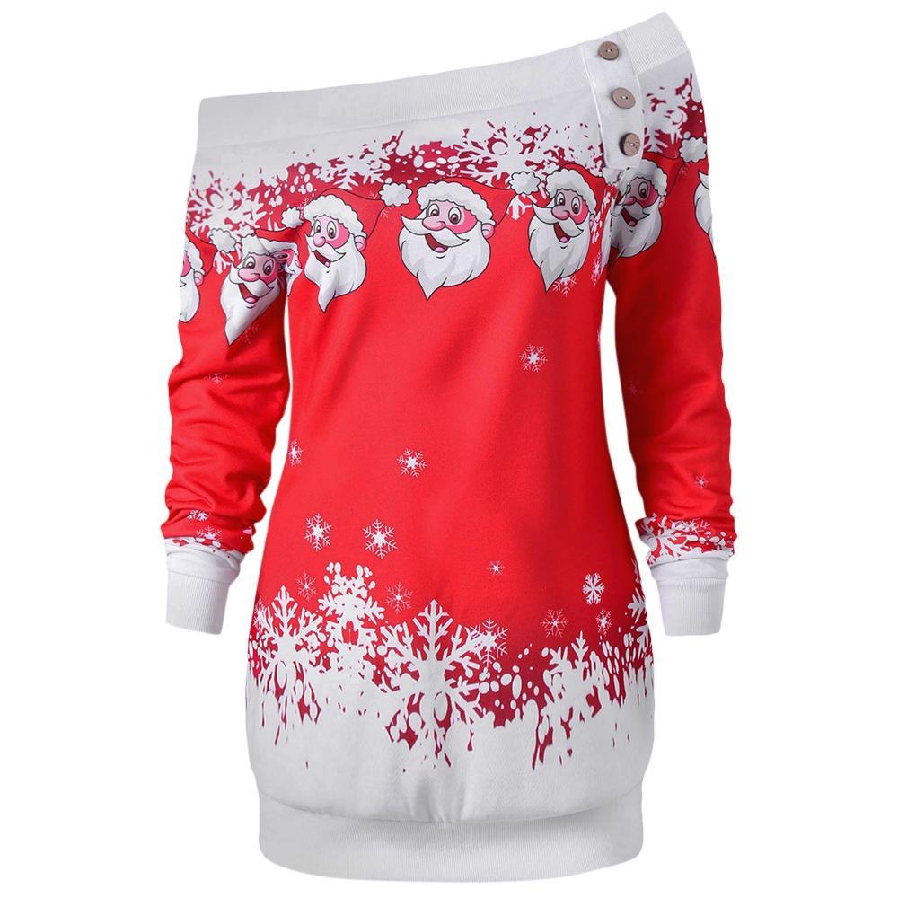 Santa Snowflakes Skew Neck Sweatshirt-Red-Theone Apparel