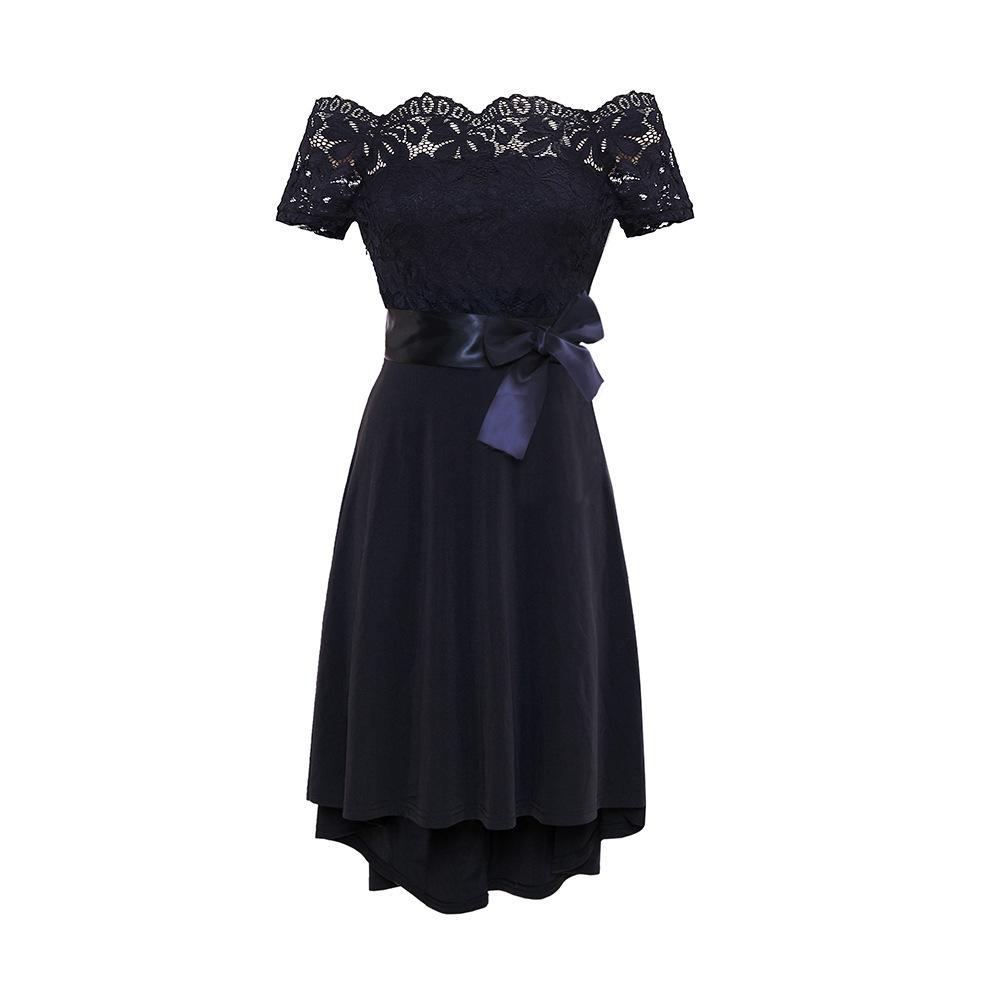 Satin Bowtie Off Shoulder Lace Dress-Black-Theone Apparel