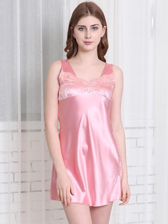 Satiny Lace Tank Nightie Dress-Pink-Theone Apparel