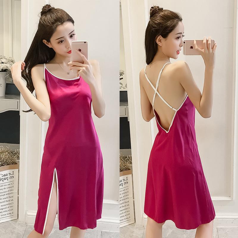 Sexy Slit Satiny Sleep Gown-Red-Theone Apparel