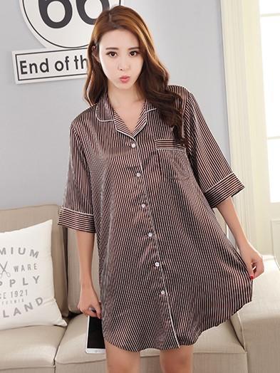 Silky Sleep Shirt with Piped Trim-Black Stripe 2-Theone Apparel