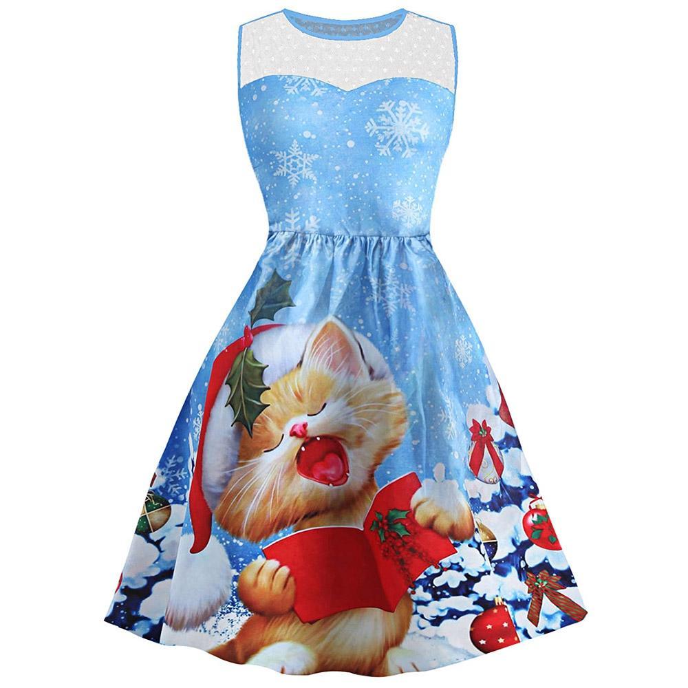 Snowflake Cat Mesh Panel Dress-Blue-Theone Apparel