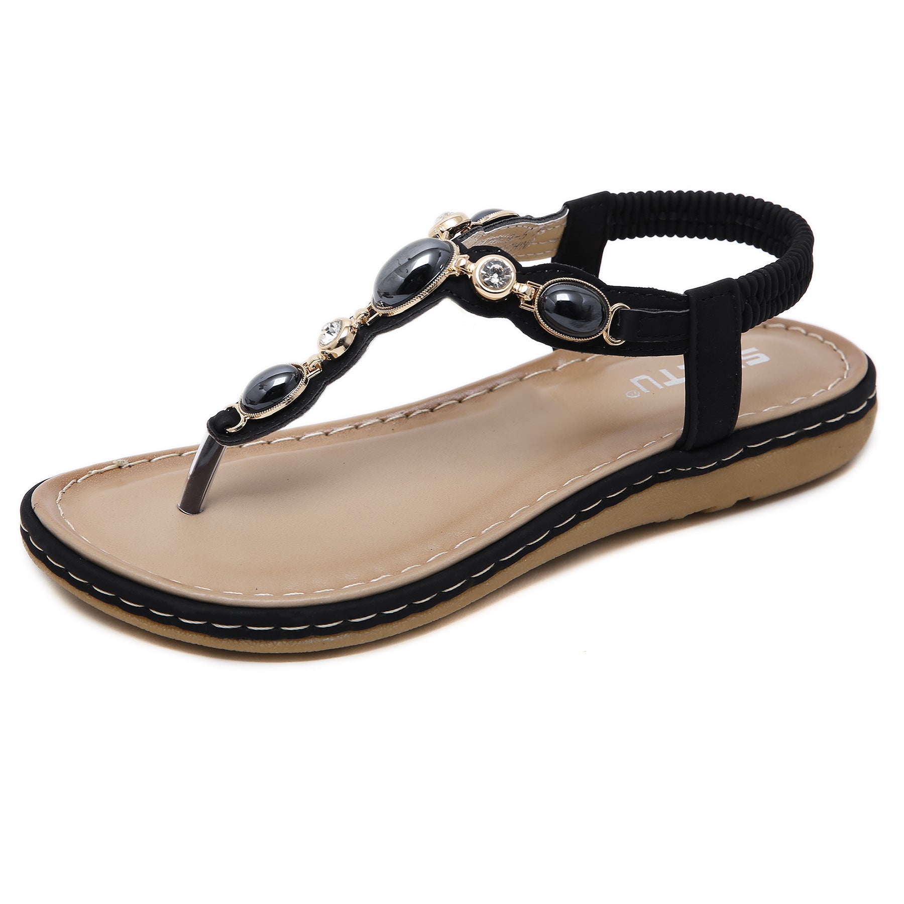 Stretchy Ankle Strap Sandals with Decorative Stitching and Rhinestones-Black-Theone Apparel