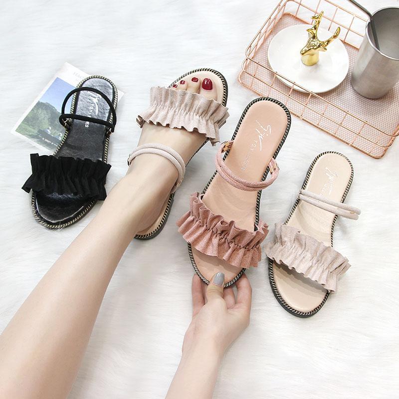 Suede Ruffle Strap Slider Sandals