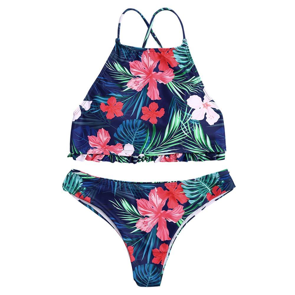 Set bikini tropicale ad alto collo