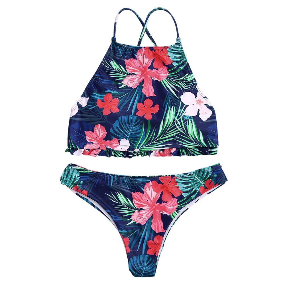 Tropical High Neck Bikini Set-Red/Blue-Theone Apparel