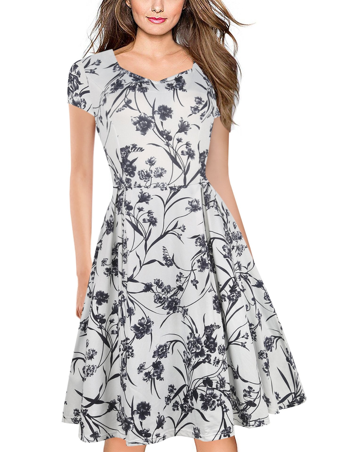 Floral V-Neck Cap-Sleeve A-Line Dress