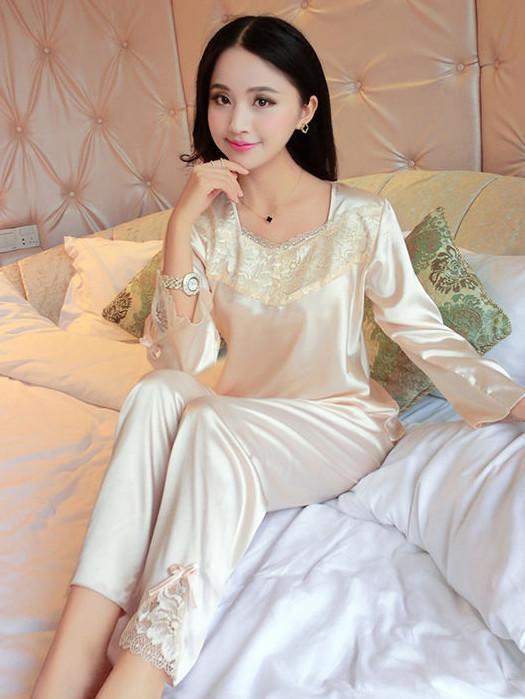 Flower Lace Satin Pajamas Set