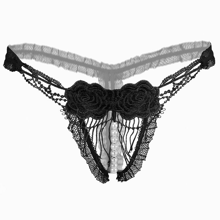 Black Lace and Red Rose Transparent Thongs - THEONE APPAREL