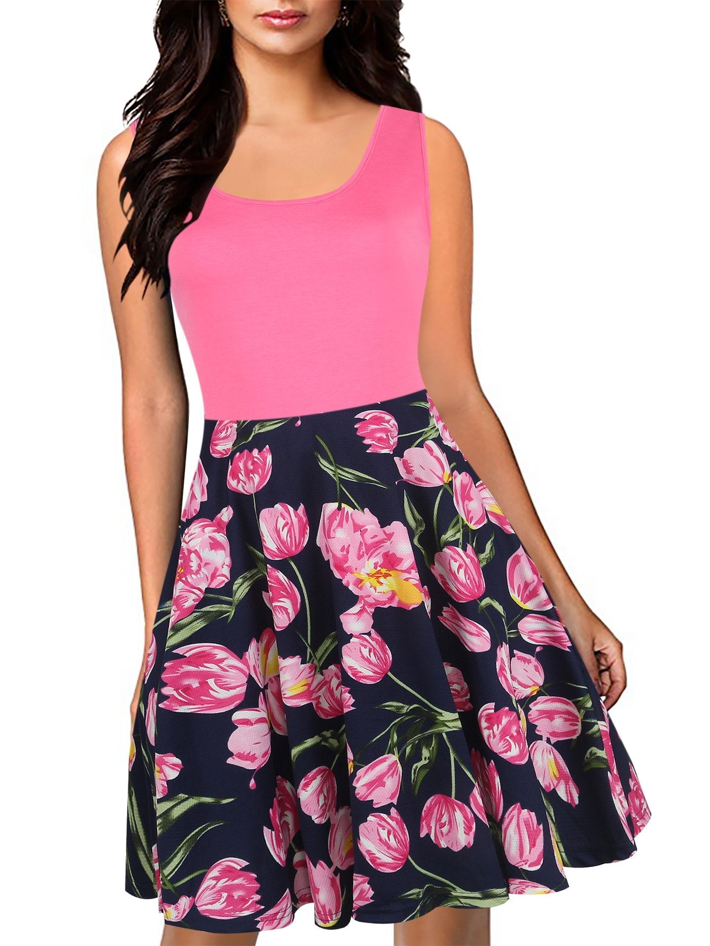 Blocked Floral Scoop Tank Dress - THEONE APPAREL