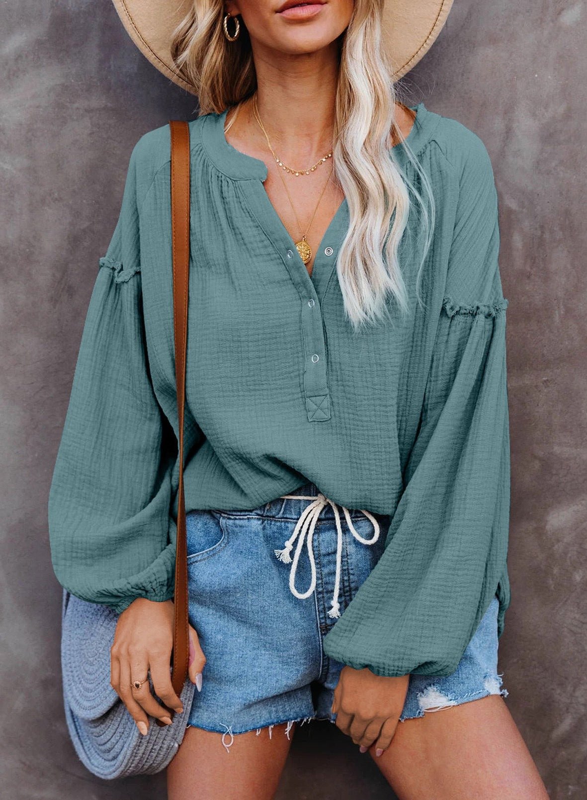 Button Up V-Neck Long Loose Sleeved Top - THEONE APPAREL