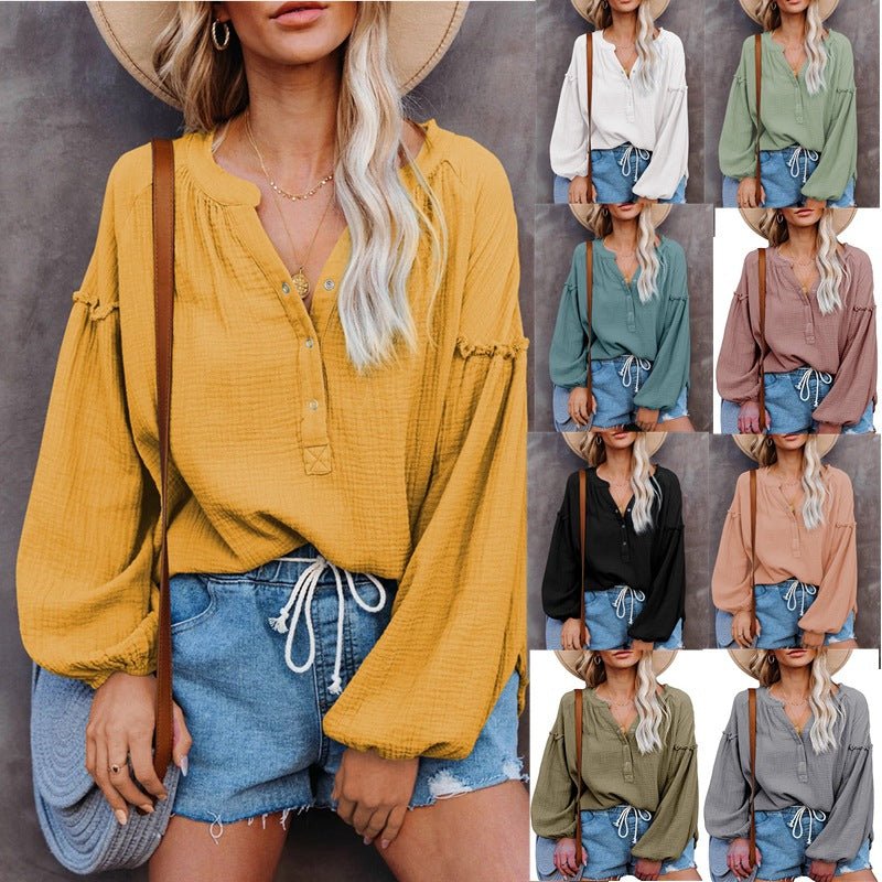 Button Up V-Neck Long Loose Sleeved Top - THEONE APPAREL