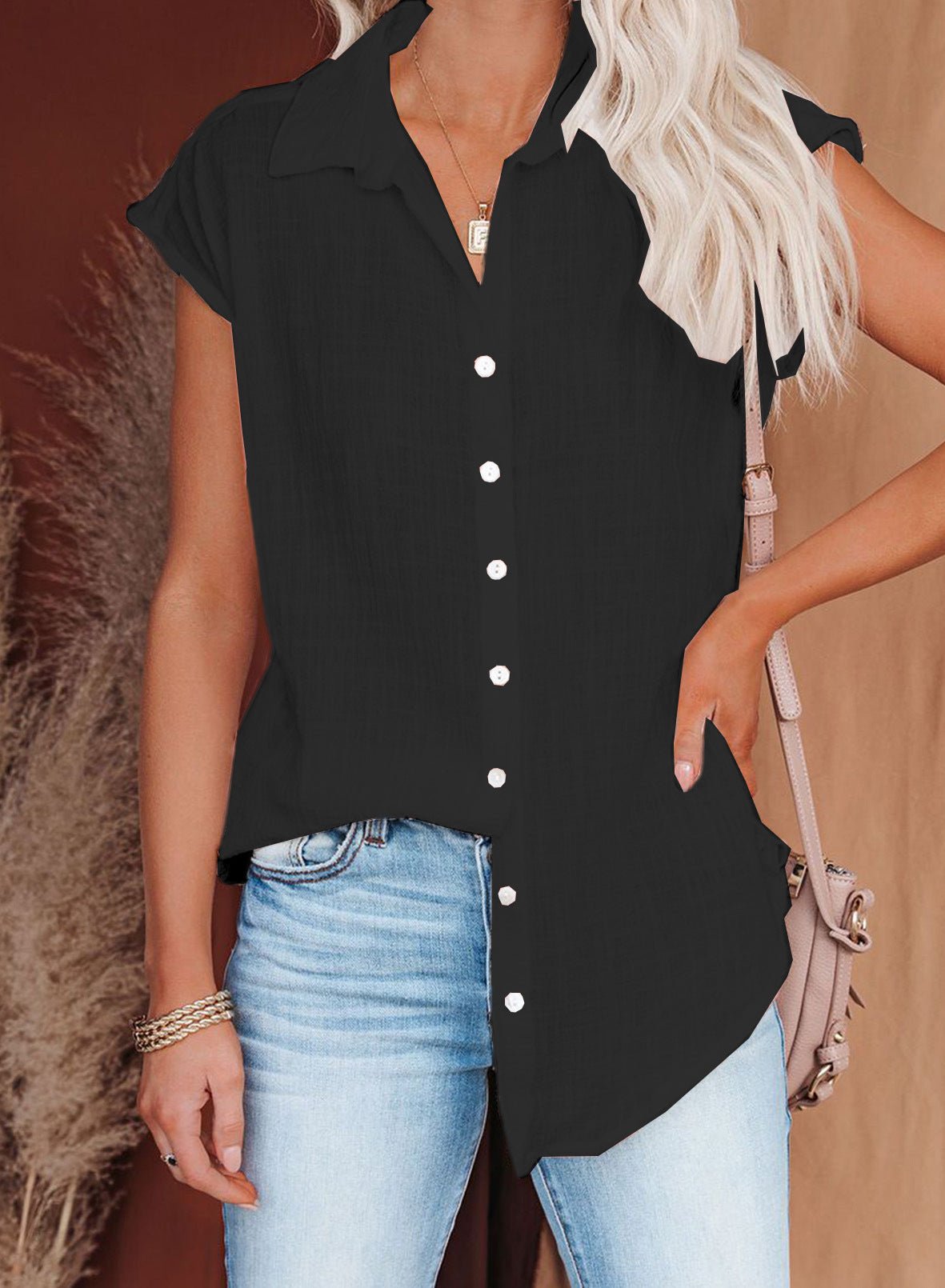 Casual Collared Button Down Short Sleeve Top - THEONE APPAREL